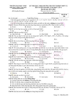 Kỳ thi khảo sát chất lượng theo hướng thi tốt nghiệp THPT và xét tuyển Đại học năm 2020 lần 2 môn Hóa học - Mã đề thi 209